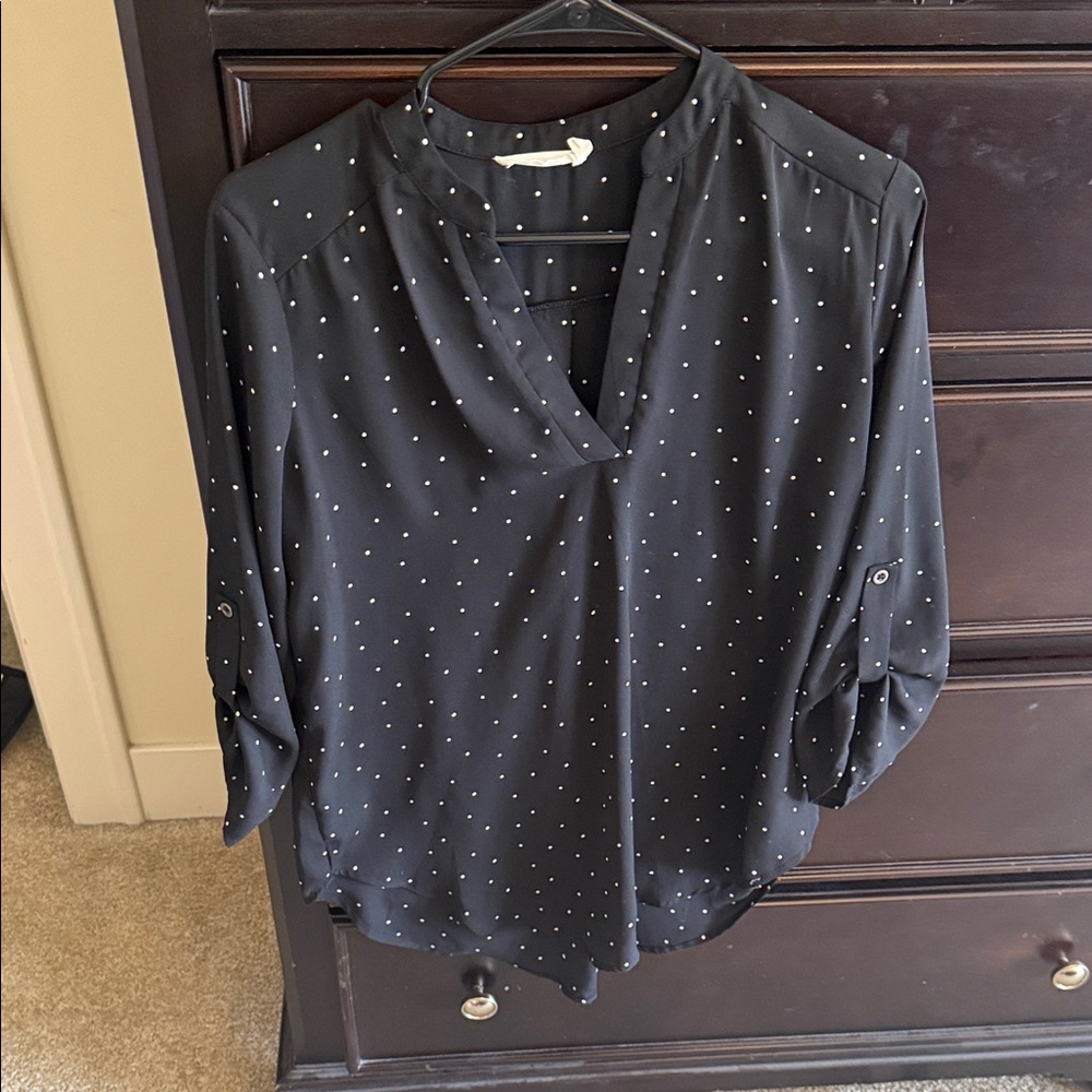 Lush Black Blouse with White Polka Dots